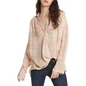 Free People Womens M Sequin Plaid Oversized Gauze Tunic Top Pink Boho Peasant